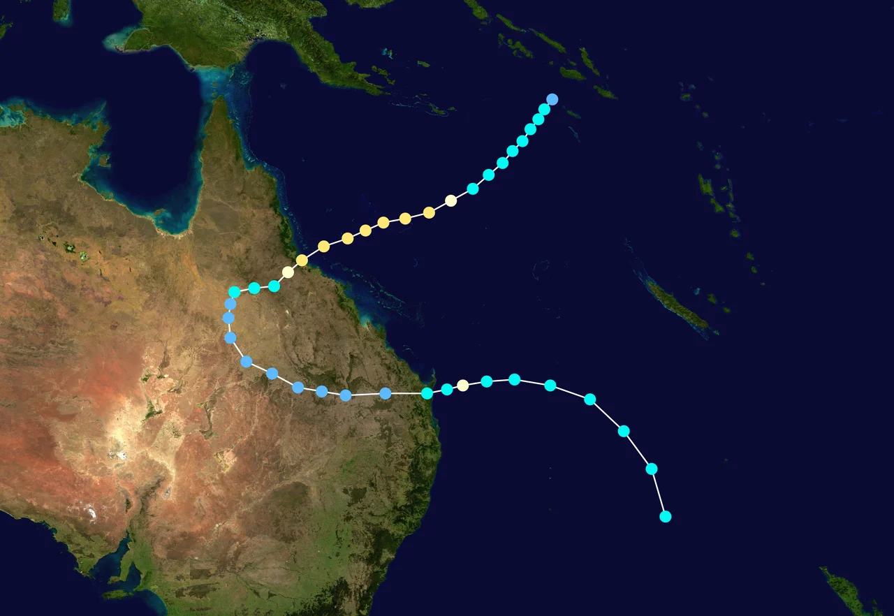 Cyclone Althea (1971) track. Uses the color scheme from the Saffir-Simpson Hurricane Scale. The points show the location of each storm at six-hour intervals. The colour represents the storm's maximum sustained wind speeds as classified in the Saffir-Simpson Hurricane Scale (see below), and the shape of the data points represent the nature of the storm.