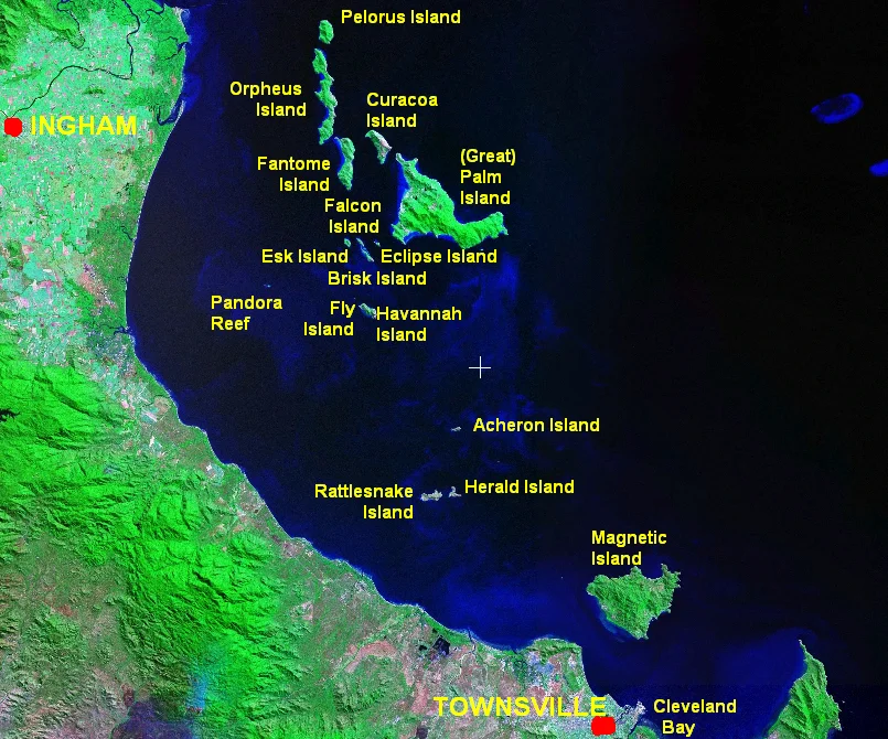 Labelled map of the Palm Islands and their surrounds. Labels based on "Coolgaree Bay Sponge Farm Agreement" published by the Hinchinbrook Shire Council (see [1] for JPG or PDF document links).