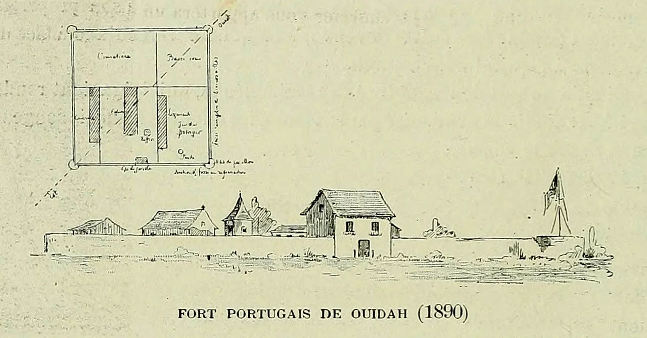 Front and top views of the Portuguese Fort of São João Baptista de Ajudá in 1890. Published in La marine au Dahomey : campagne de "La Naiade" (1890–1892) by A. de Salinis in 1901. The book is a contemporary account of a French naval squadron's involvement in the events leading to the Second Franco-Dahomean War of 1892–1894.