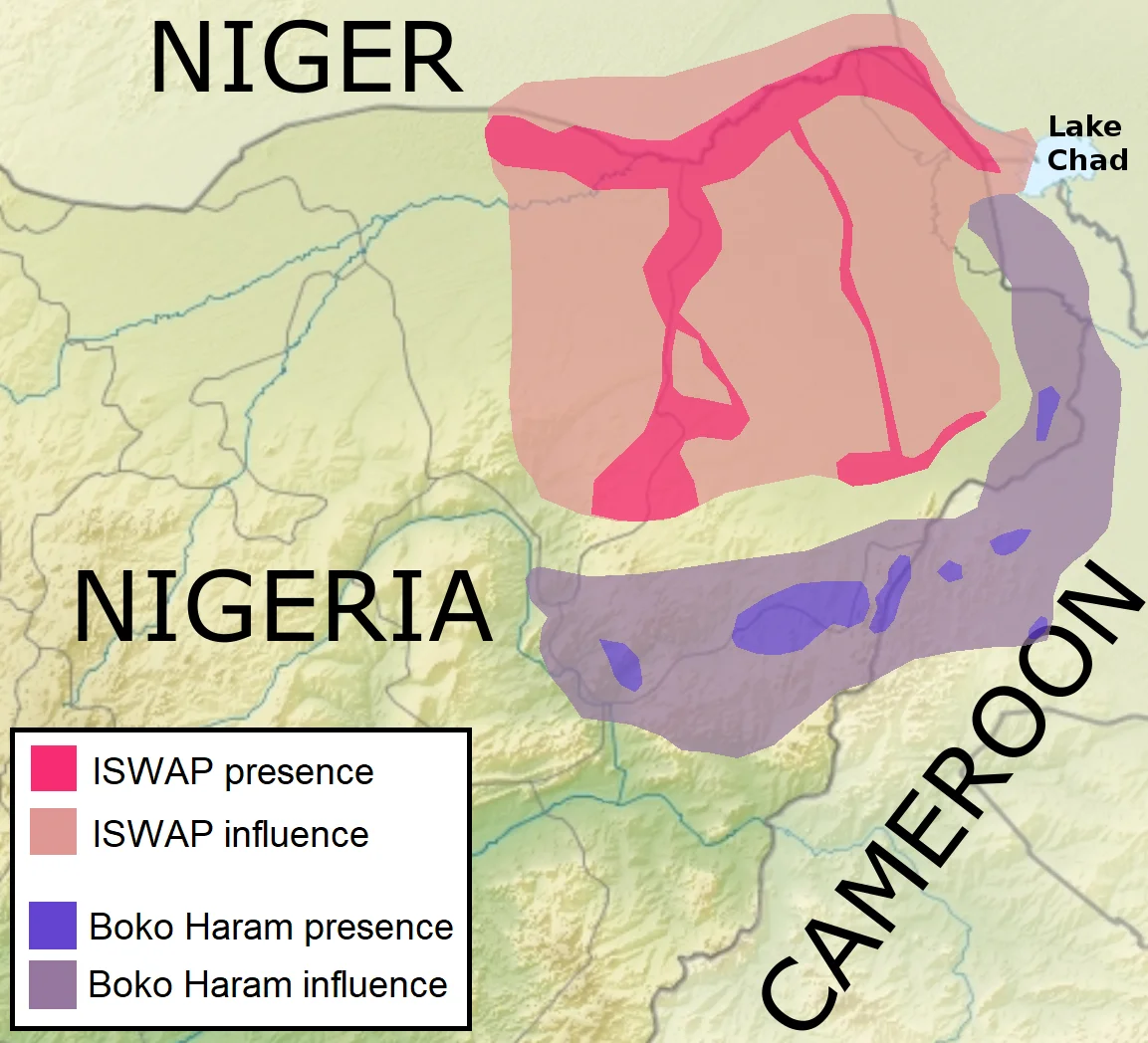 Dark pink: Approximate presence of ISWAP (Islamic State's West Africa Province)
Light pink: Approximate influence of ISWAP
Dark violet: Approximate presence of Boko Haram (Abubakar Shekau's forces)
Light violet: Approximate influence of Boko Haram

Source: Islamic State, Seeking Next Chapter, Makes Inroads Through West Africa