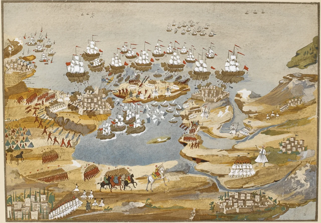 Battle of Sfakteria and siege of Navarino during the Greek War of independance, 1825