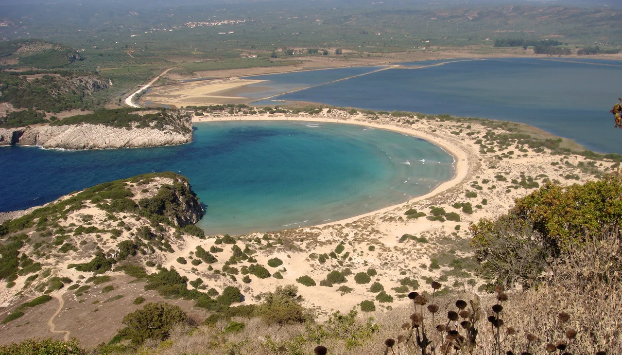 Voidokilia beach viewed from Nestor's Cave, Messinia, Peloponnese, Greece.
