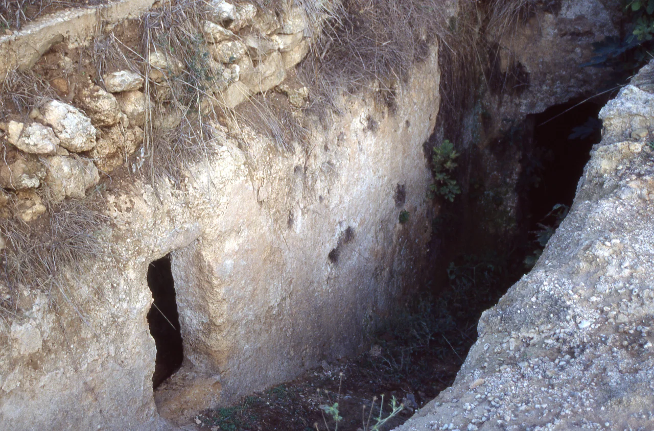 Volimidia. View of the dromos of Angelopoulos tomb 9 in 1990, showing the entrance to the main burial chamber (upper right) and the entrance to a second burial chamber on the left side of the dromos (lower left).