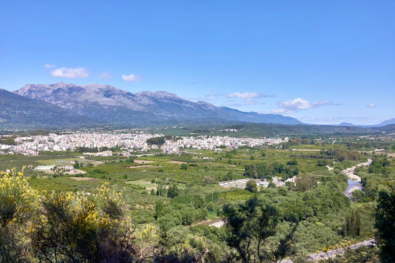 View of modern Sparta (centre), Mount Taygetus (background) and the River Eurotas (right) from the Menelaion (Sanctuary of Menelaus and Helen). Laconia, Greece.