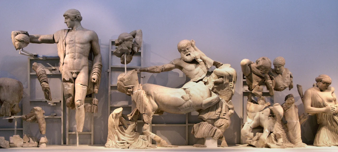 Sculptures of the west pediment of the Temple of Zeus at Olympia. Olympia Archaeological Museum.