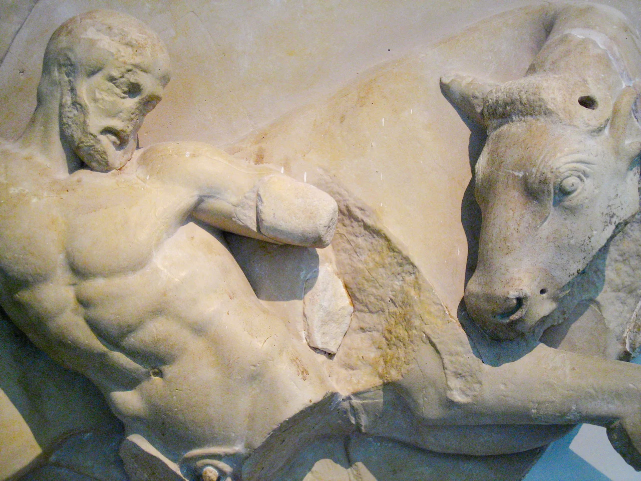 Heracles and the Cretan Bull - a metope from the Temple of Zeus at Olympia, in the Archaeological Museum of Olympia, Greece