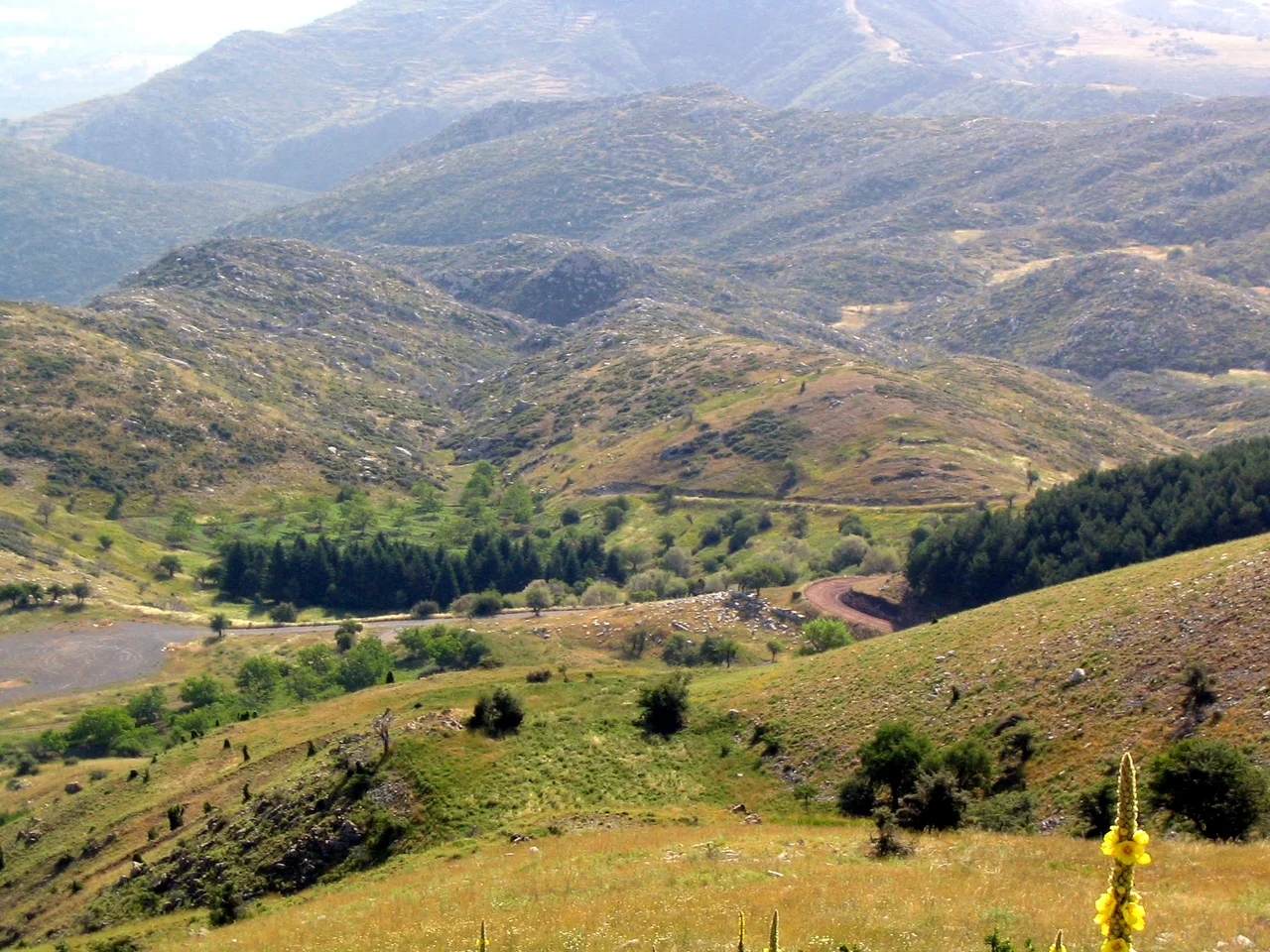 A view from the summit of Mt. Lykaion, Arkadia, Greece, looking east toward the lower site of the sanctuary of Zeus, including the stoa and hippodrome.