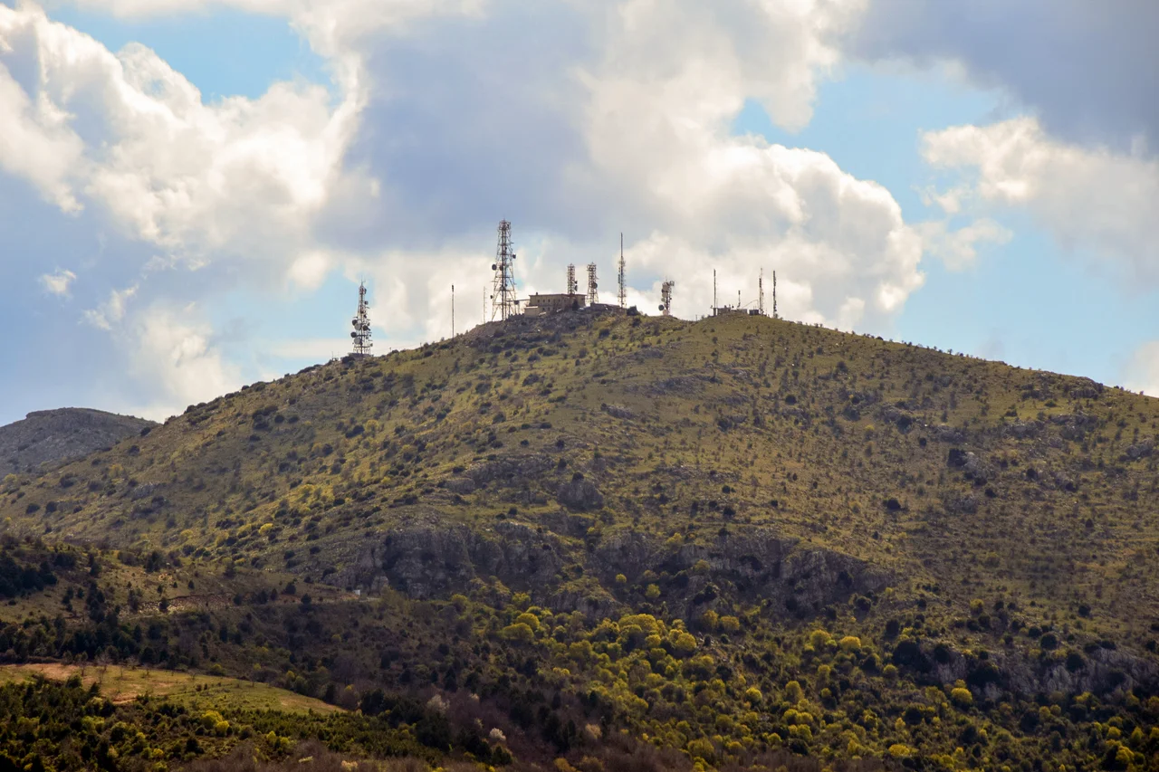 Telecommunications antennas on the hilltop (1390m. altitude) above Ano Doliana in Arcadia, Greece.
