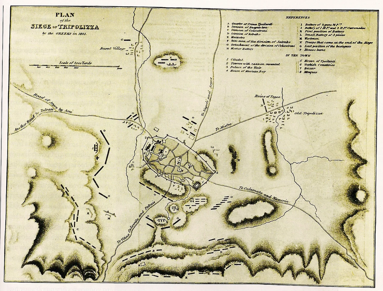 Plan of the Siege of Tripolitsa published in Thomas Gordon, History of the Greek Revolution, London, 1832. Republished in Dimitris Dimitropoulos, Theodoros Kolokotronis, 2009, p. 59, where it is scanned from.
