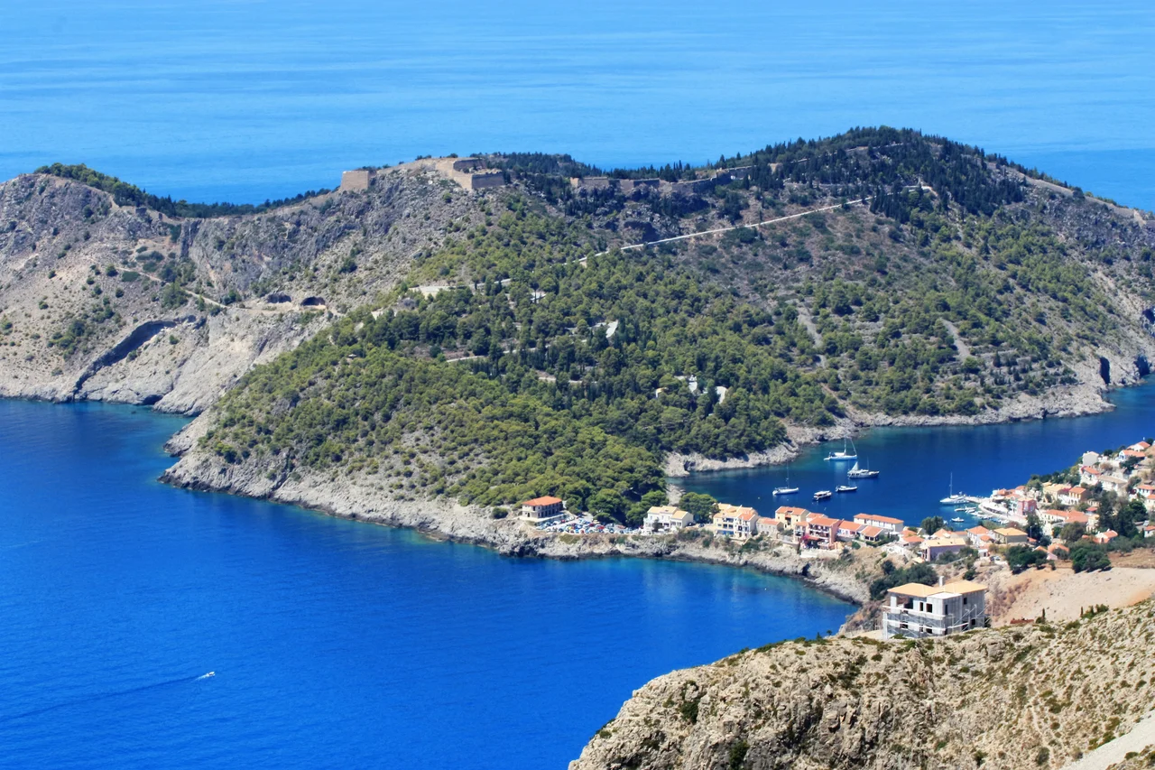 The Asos peninsula and castle on the Greek island of Cephalonia, in the Ionian Sea.