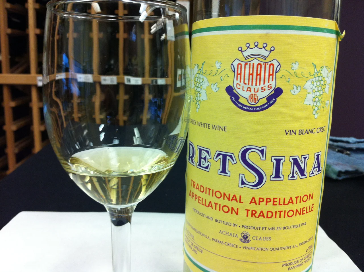 Greek white wine flavored with pine resin from Achaia Clauss winery in Patras