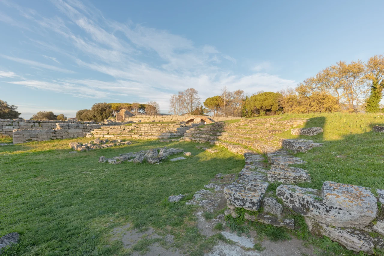 Aerial view of Paestum, looking north; Hera Temple and so called Poseidon Temple in foreground, and Athena Temple in background.