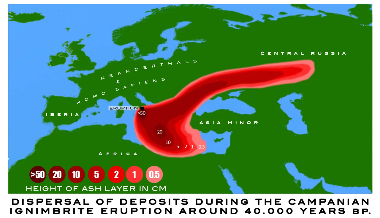 graphic of deposit dispersal during the Campanian Ignimbrite Eruption 40.000 years ago based on [1]