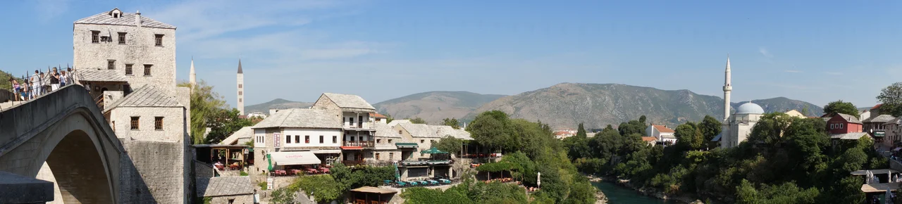 Mostar - Old Town panorama. The picture was taken from the minaret of Koski Mehmed Pasha Mosque , which is just opposite Stari Most ("The Old Bridge") looking on the same part of the Neretva river.