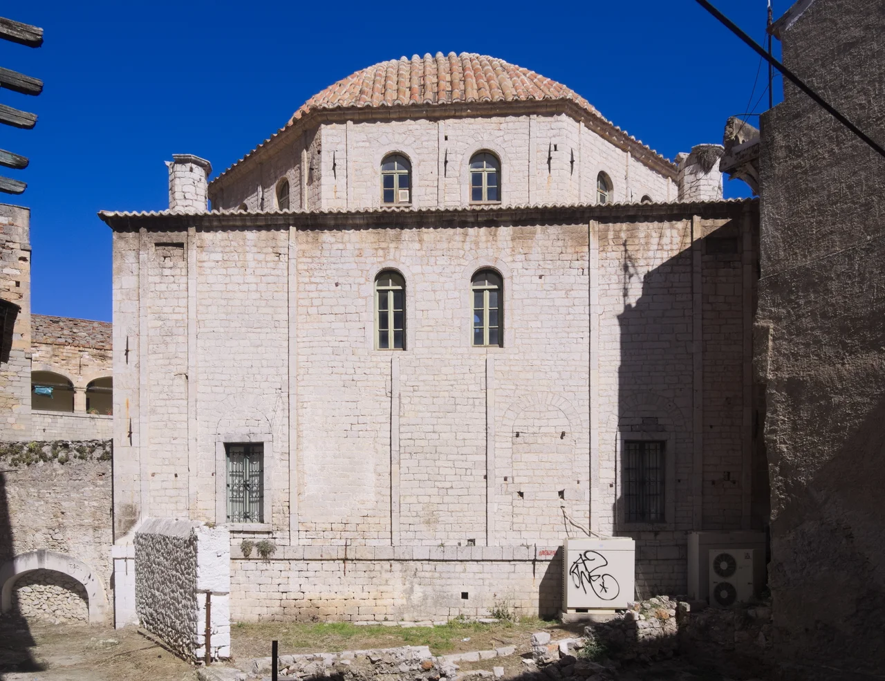 View of Aga pasha mosque from east. The mosque, built in 1730, housed the first parliament of Greece, and thus in known as Vouleftikon (Parliament).