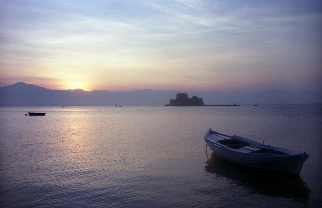 Bourtzi Castle at sunset, Náfplio, Greece.