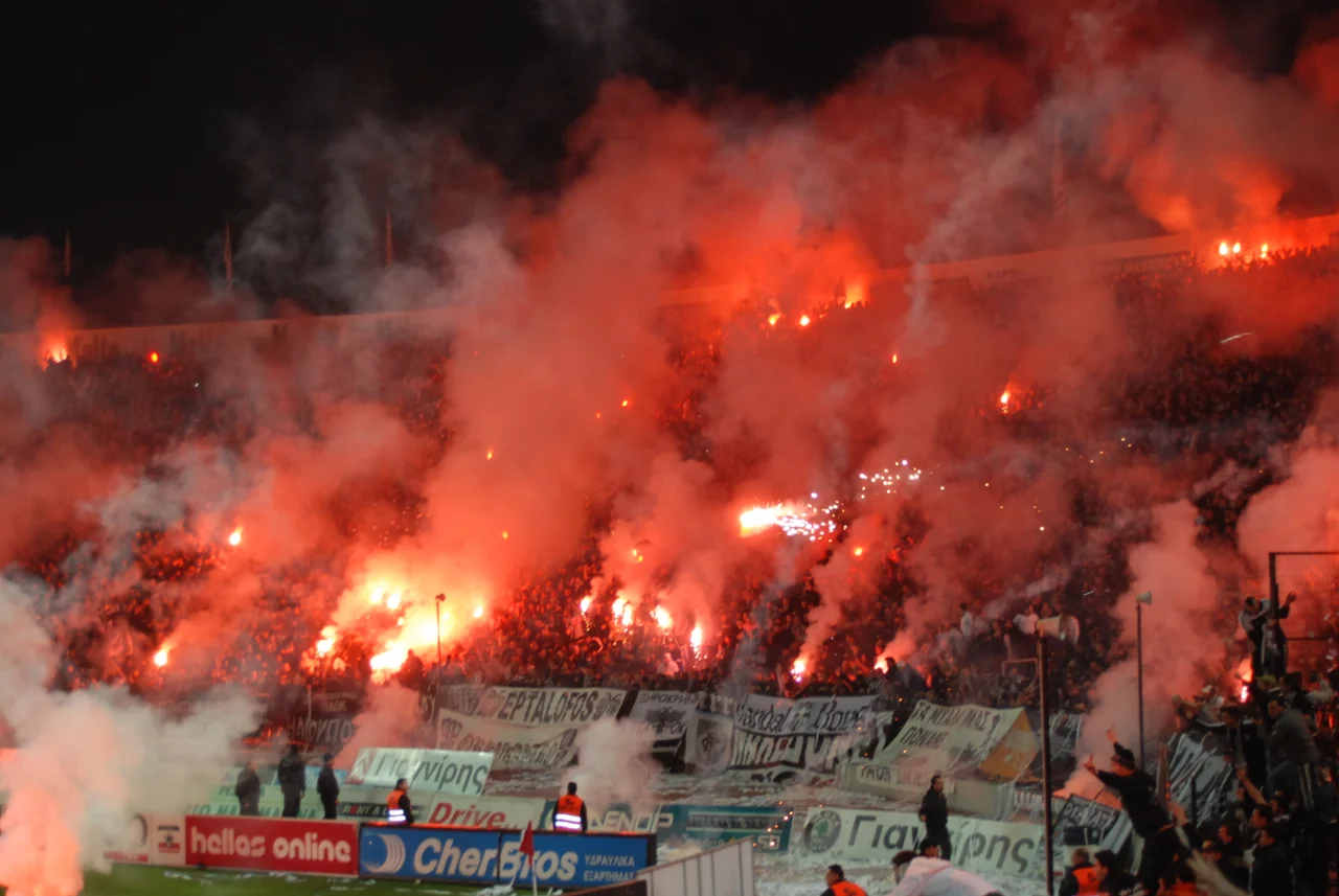Fans of PAOK during the Olympiacos and PAOK football rivalry game played on 4/2/2009 for the Greek Cup at the Toumba Stadium, Thessaloniki.