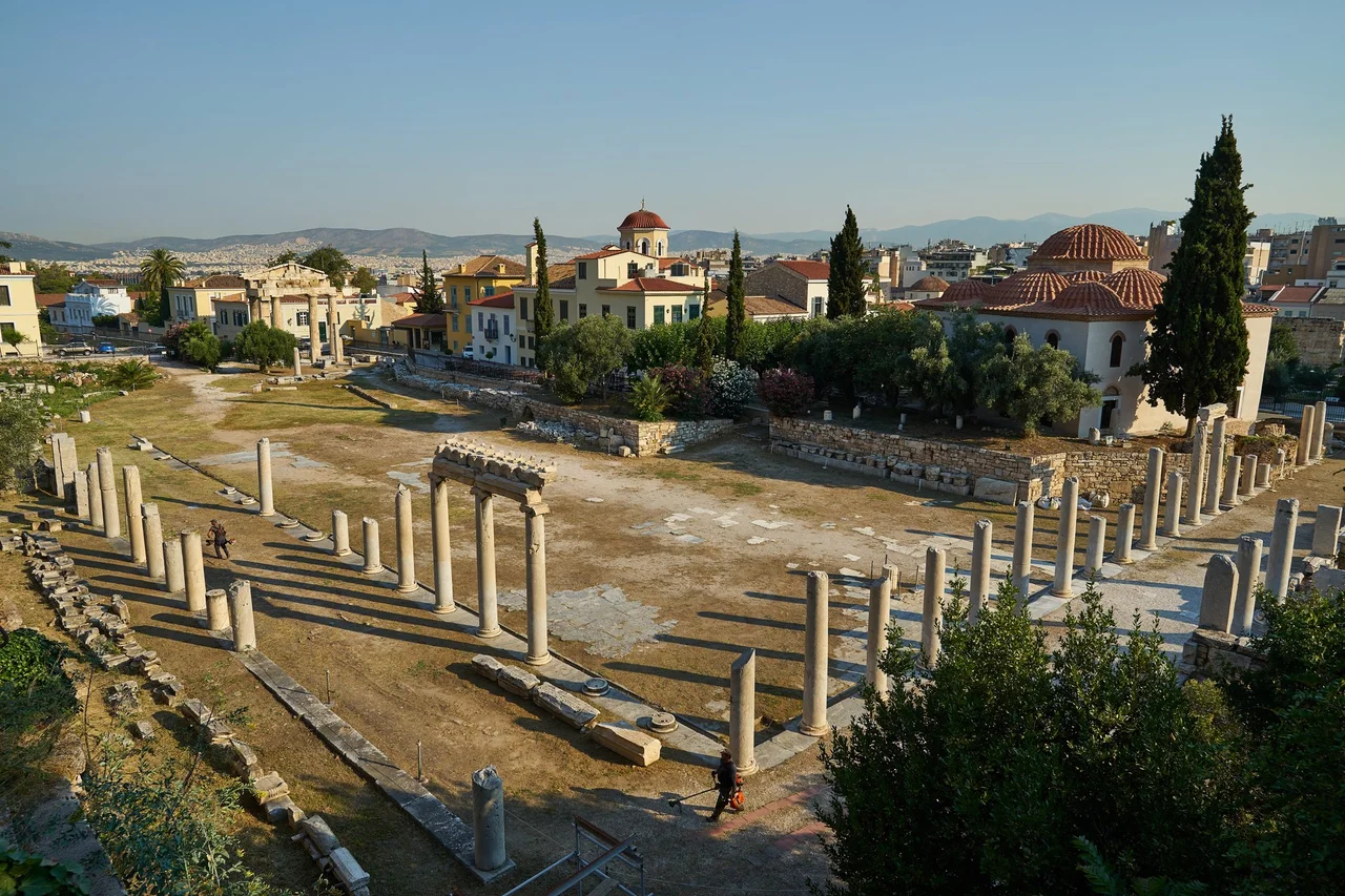 View of the Roman Agora from Polygnotou Street in Plaka on July 1, 2020