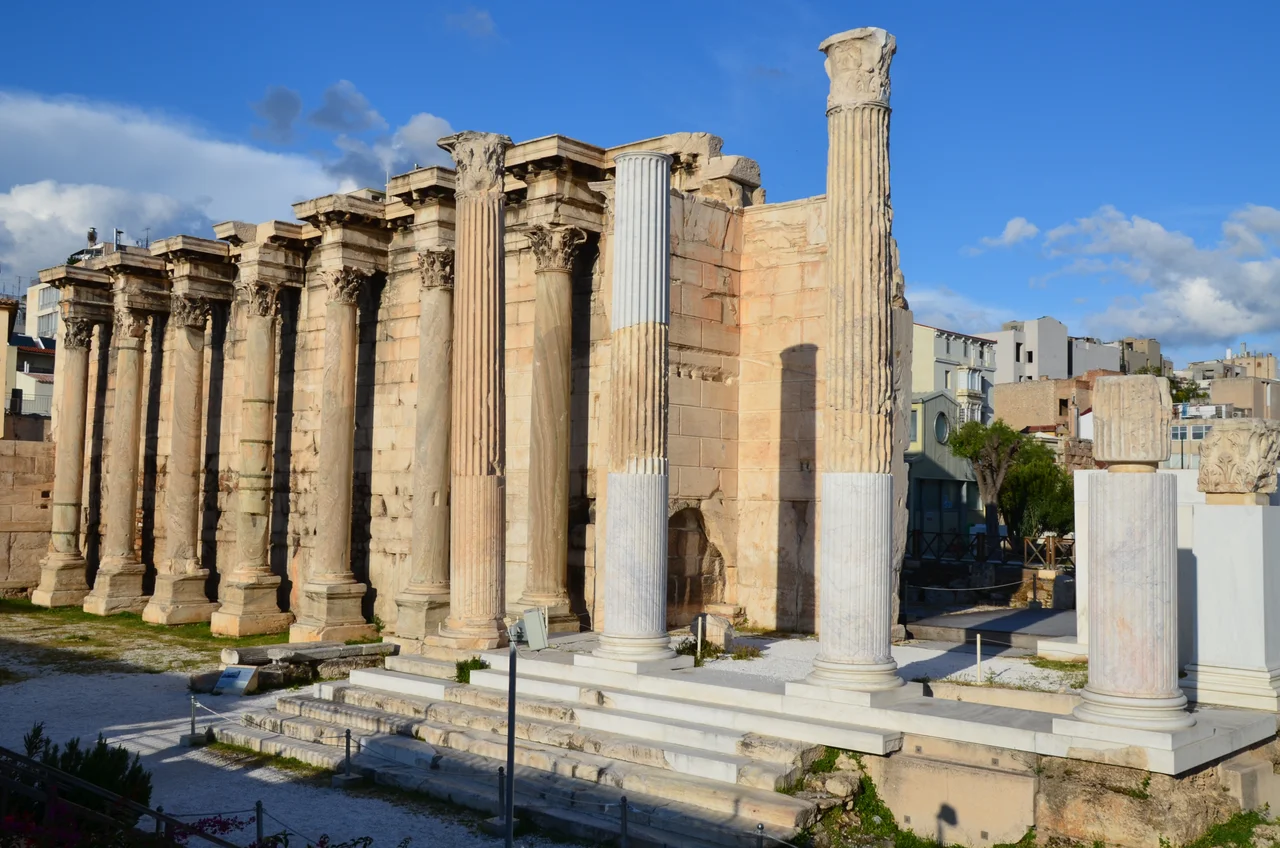 The west facade in Pentelic marble with columns of Karystos marble of the Library of Hadrian, Athens