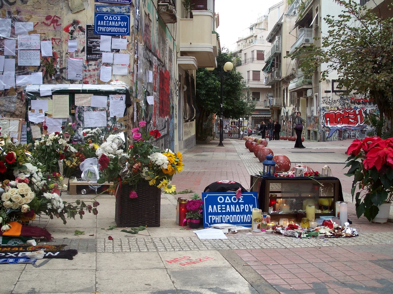 Memorial and offerings at the spot on TZavella street, Athens, where Alexandros Grigoropoulos was killed.