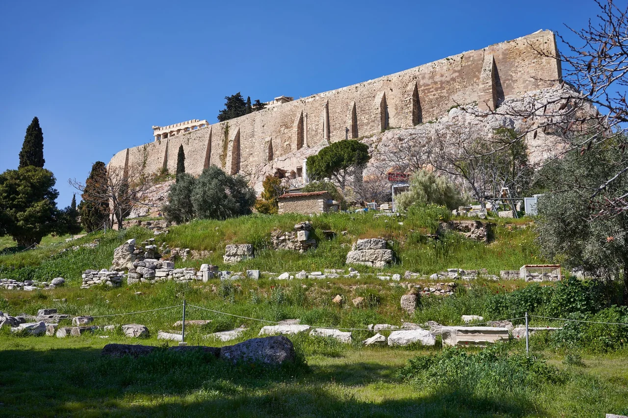 The ruins of the Odeon of Pericles on March 12, 2020. In the background the Acropolis of Athens.