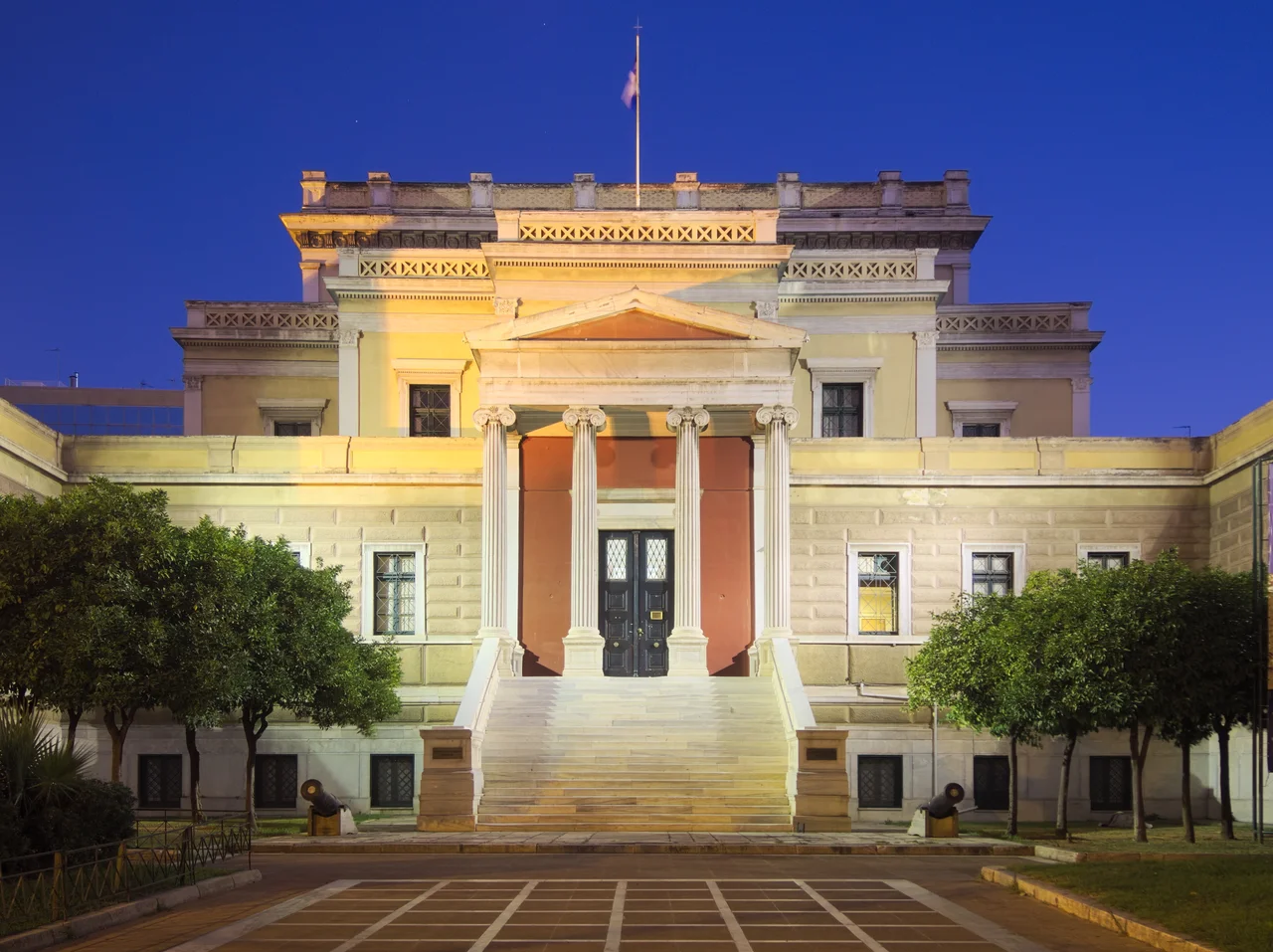 The old greek parliament, main entrance, at dusk.