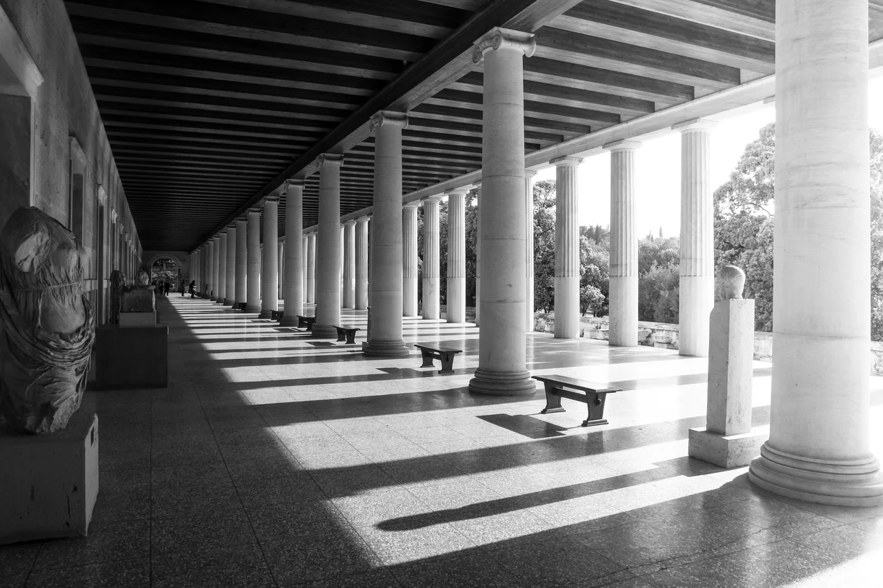 500px provided description: Attalus Portico At Sunset [#golden hour ,#black&amp;white ,#Greece ,#Athens ,#Attiki ,#Stoa of Attalos ,#Ancient Agora of Athens ,#Agora of Athens ,#Archaea Agora of Athens ,#Attalus Portico ,#Stoa of Attalus]