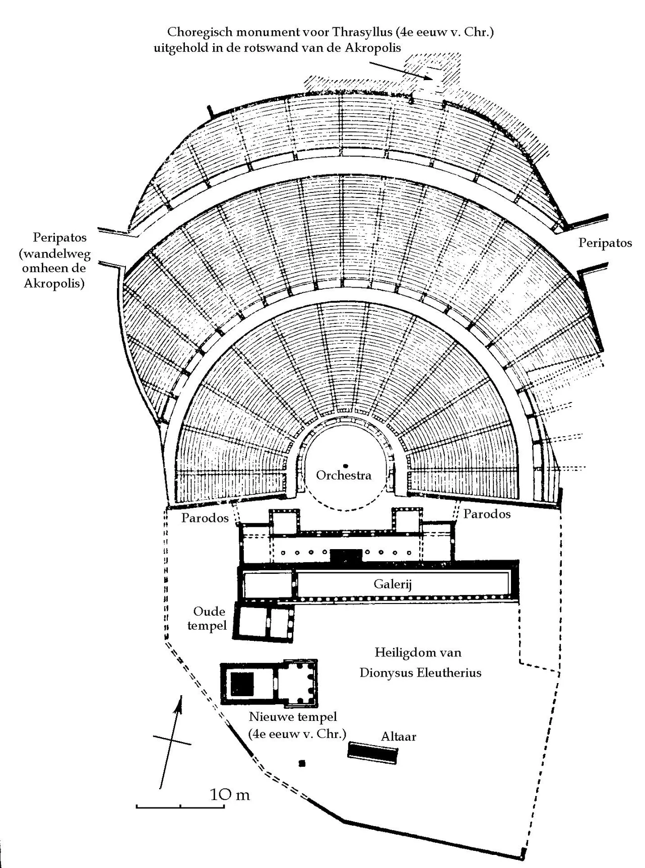 Plan for the theater of Dionys. Planning of the ancient theater of Dionys in Afina and the plan of the stage.