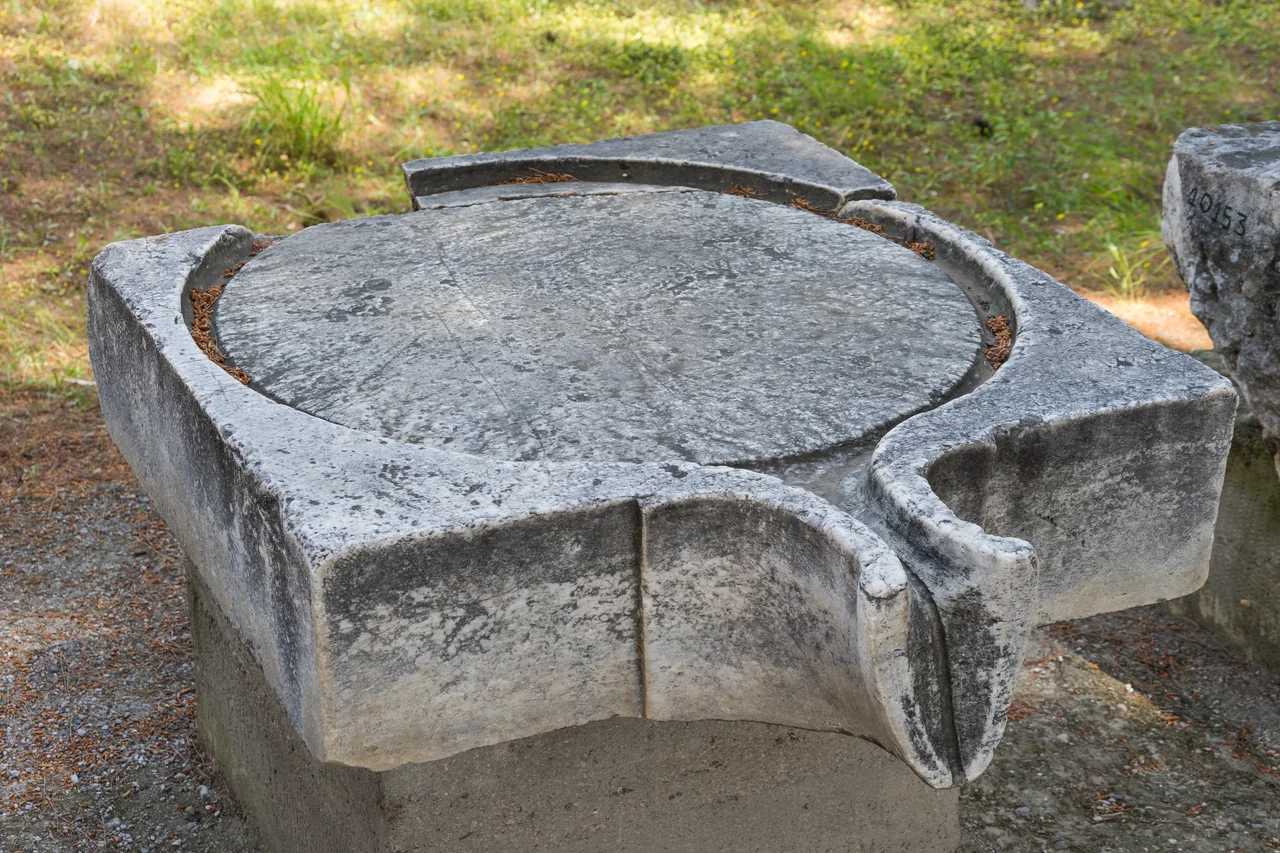 Ancient greek or roman piece of a wine- or olive-press, archaeological museum of Eretria, Euboea, Greece.