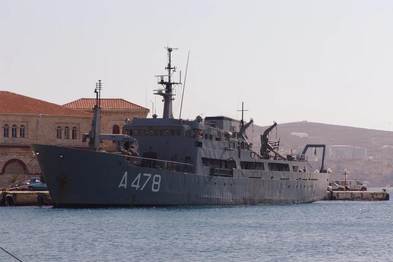Hellenic Navy hydrographic vessel HS Nautilus, A-478, IMO: 7411129, in Syros Harbour.