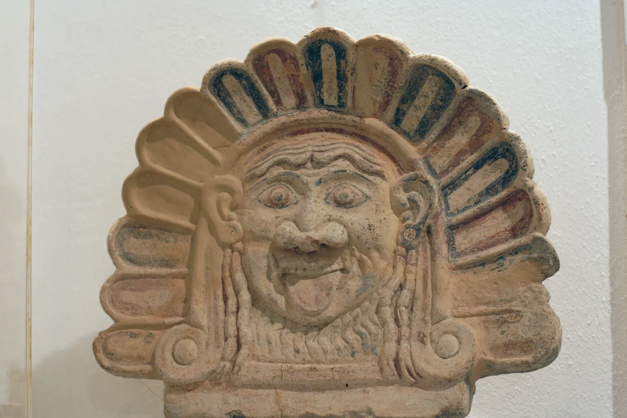 Antefix (adornment end of the roof of the temple) of the Gorgoneum. 6th century BC. Mykonos, Aegean Maritime Museum.