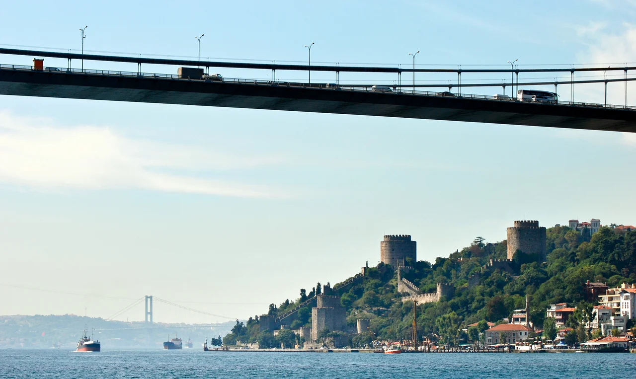 Rumeli Hisari, the Turkish castle on the European side of the Bosporus. It was built by the Ottoman Sultan Mehmed II in 1452 in preparation for the conquest of Constantinople. The bridge seen above in the foreground is the Fatih Sultan Mehmet Bridge, and the bridge in the distance is the Bosporus Bridge. Both bridges span the Bosporus and thus connect Asia and Europe.
