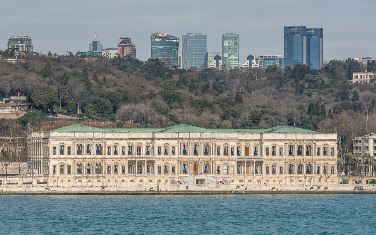 Remote view of Çırağan Palace in Istanbul, Turkey