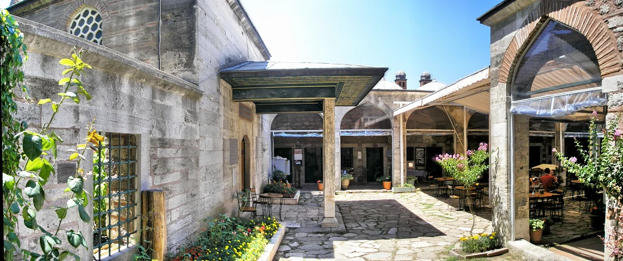 The Caferağa Medresseh in Istanbul was built in 1559 by Sinan by orders of Caferağa, a eunuch during the reign of Sultan Süleyman the Magnificent. Today it houses a handicrafts centre and a restaurant This panoramic image was created with Autostitch (stitched images may differ from reality).