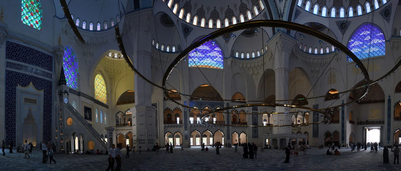 A computer-generated wide-angle picture of main sights in the mosque. Some distortion.