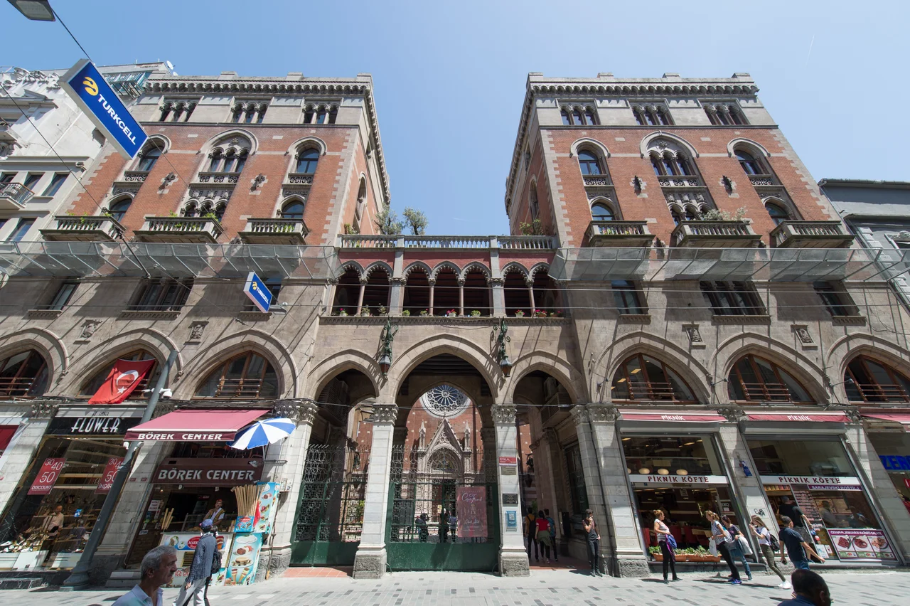 The facade of the church in the busy Istiklal Caddesi.