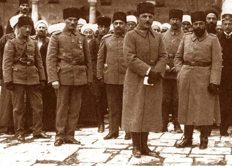 Mustafa Kemal Pasha, Enver Pasha and Cemal Pasha while inspecting the front in Damascus; 1917