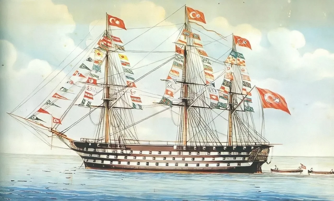 Mahmudiye (1829), ordered by the Ottoman Sultan Mahmud II and built by the Imperial Naval Arsenal on the Golden Horn in Istanbul, was for many years the largest warship in the world. The 201 x 56 kadem (1 kadem = 37.887 cm) or  76.15 m × 21.22 m (249.8 ft × 69.6 ft) (kadem, which translates as "foot", is often misinterpreted as equivalent in length to one imperial foot, hence the wrongly converted dimensions of "201 x 56 ft, or 62 x 17 m" in some sources) ship-of-the-line was armed with 128 cannons on 3 decks and carried 1,280 sailors on board. She participated in many important naval battles, including the Siege of Sevastopol (1854-1855) during the Crimean War (1854-1856). She was decommissioned in 1874.