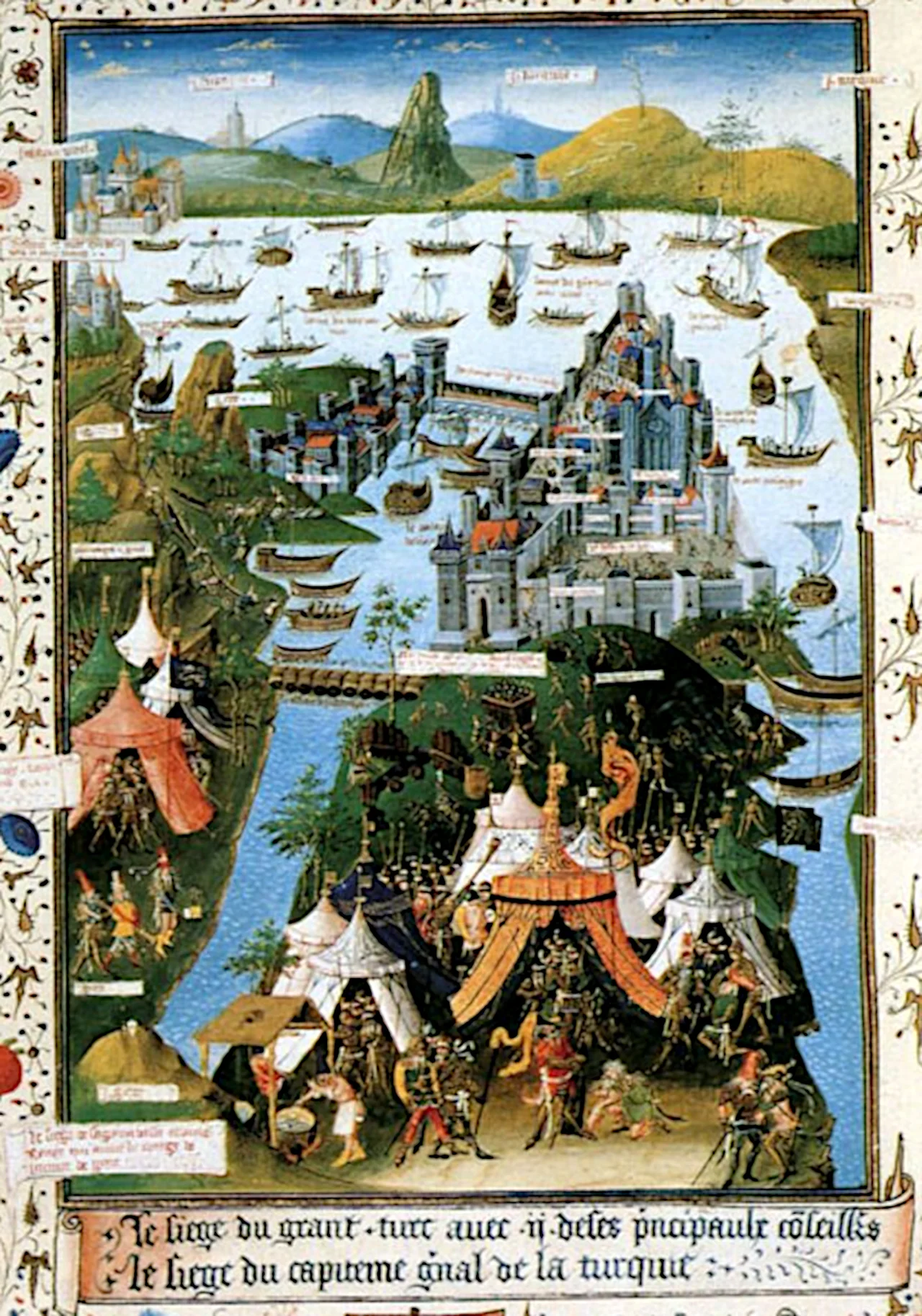 Siege of Constantinople from Bibliothèque nationale manuscript Français 9087 (folio 207 v). The Turkish army of Mehmet II attacks Constantinople in 1453. Some soldiers are pointing canons to the city and others are pulling boats to the Golden Horn. The city looks like quite gothic.