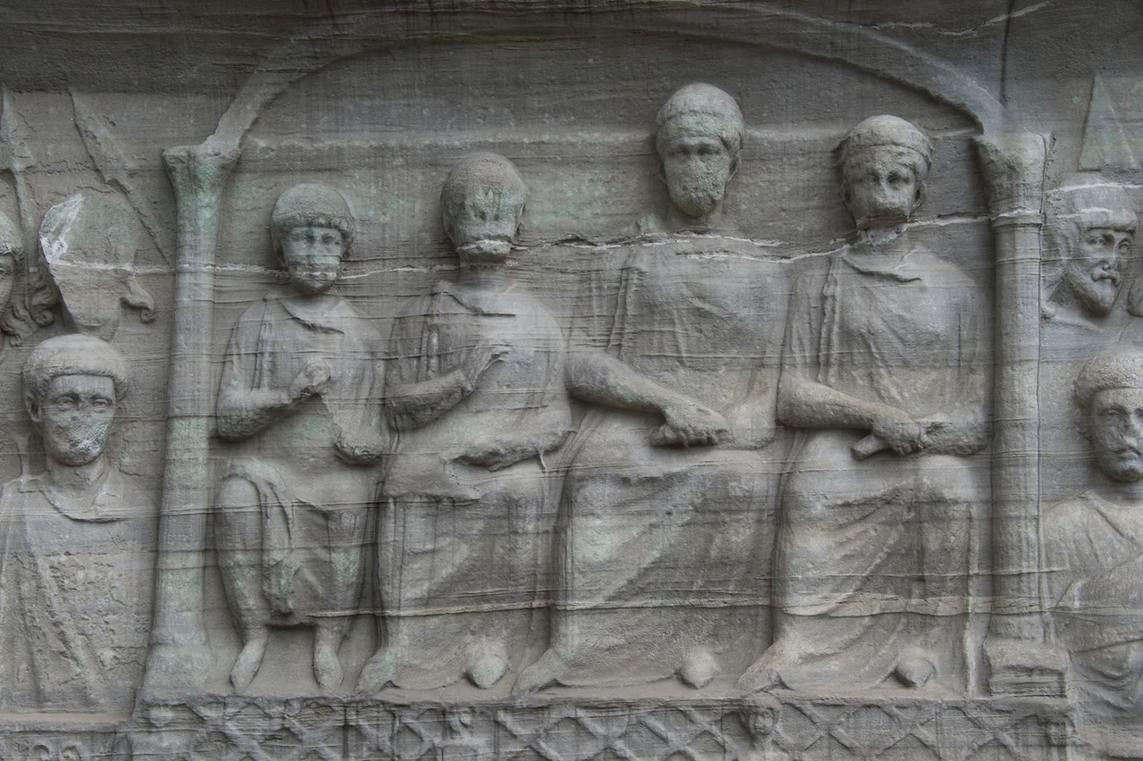 The west side of the reliefs: Emperor Theodosius the Great receiving homage from vanquished enemies. They are under him, in a lower part.