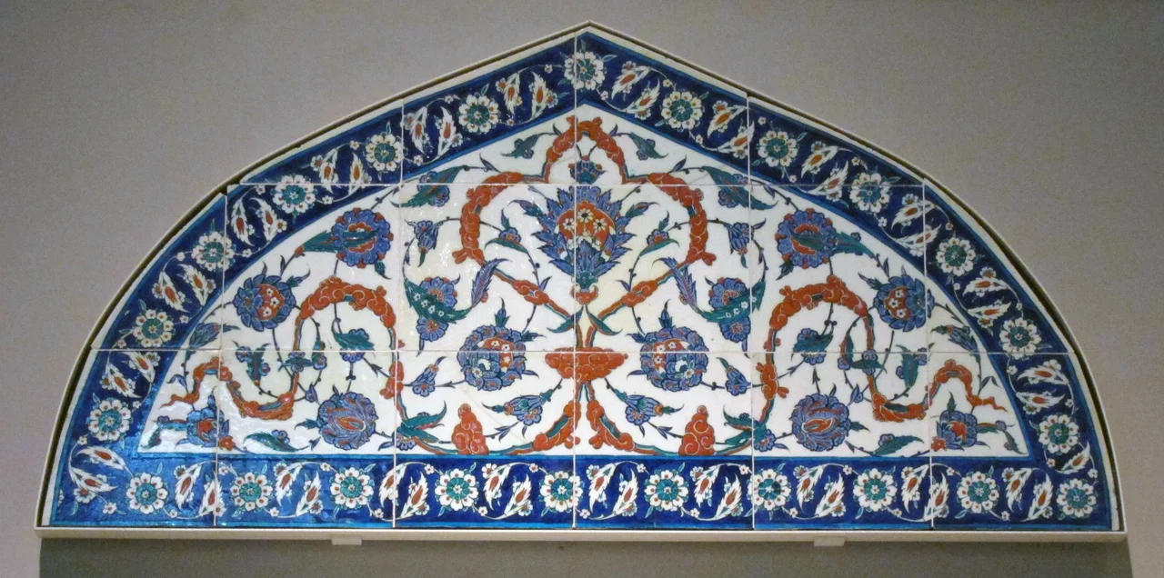 Tiled lunette panel that may have come from the Piyale Pasha Mosque in Istanbul. The tiles were made in Iznik.