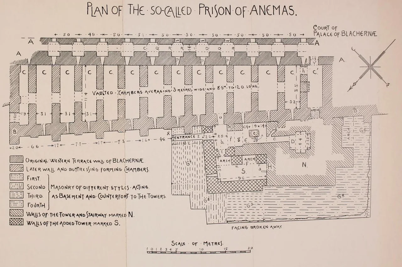 Plan of the so-called "Prison of Anemas", in the Blachernae section of the Walls of Constantinople, modern Istanbul, Turkey.