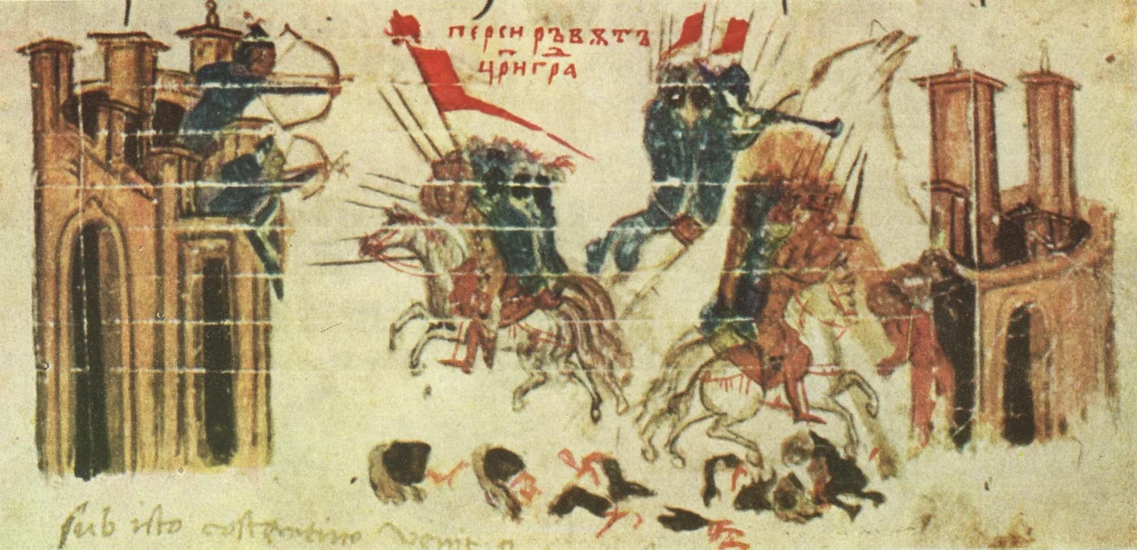 Miniature 42 from the Constantine Manasses Chronicle, 14 century: Emperor Heraclius attacks a Persian fortress, while the Persians attack Constantinople.