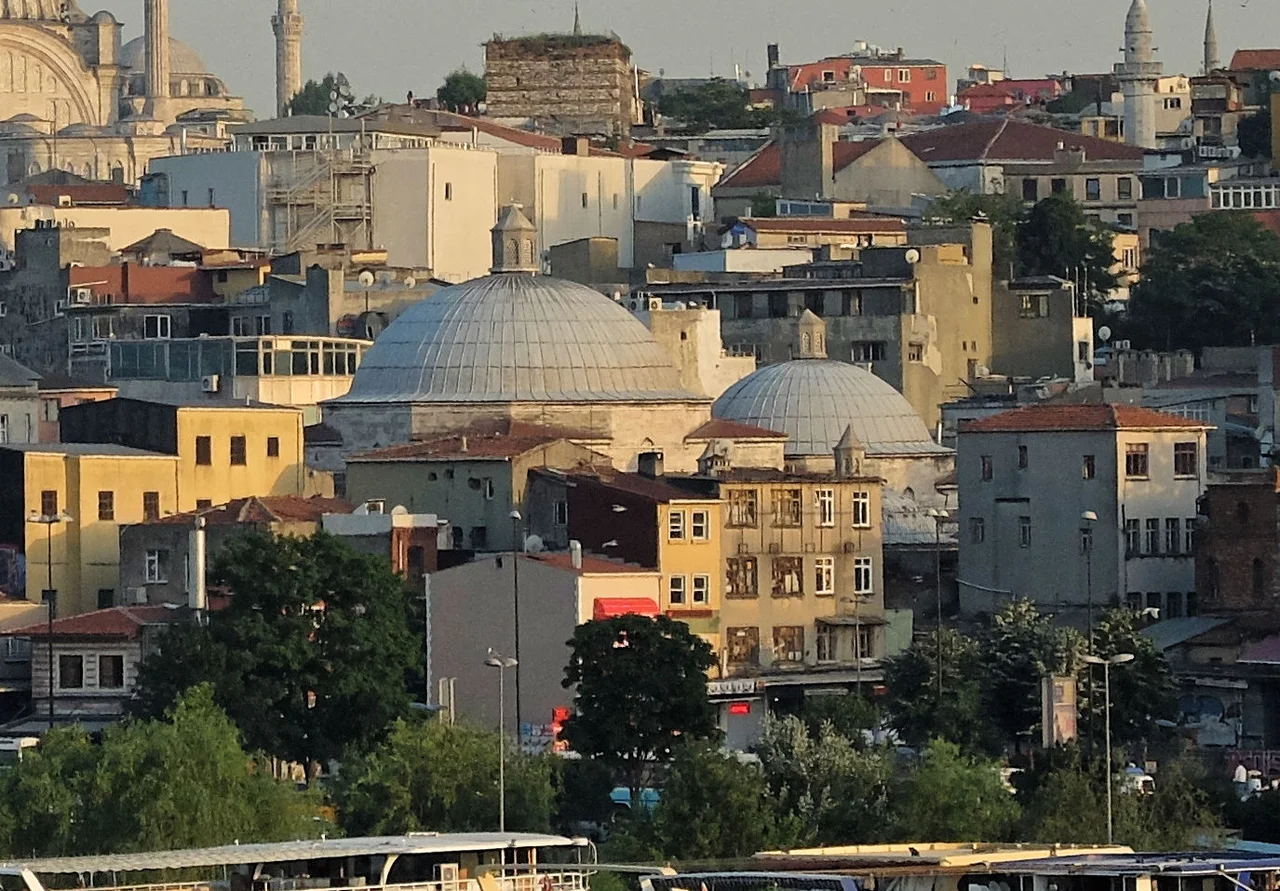 Skyline view of the domes of the Tahtakale Hamam, Istanbul, dating from the time of Mehmet II Fatih, making it the oldest or one of the oldest hammams in Istanbul. Today it has been converted to a commercial building for shops.