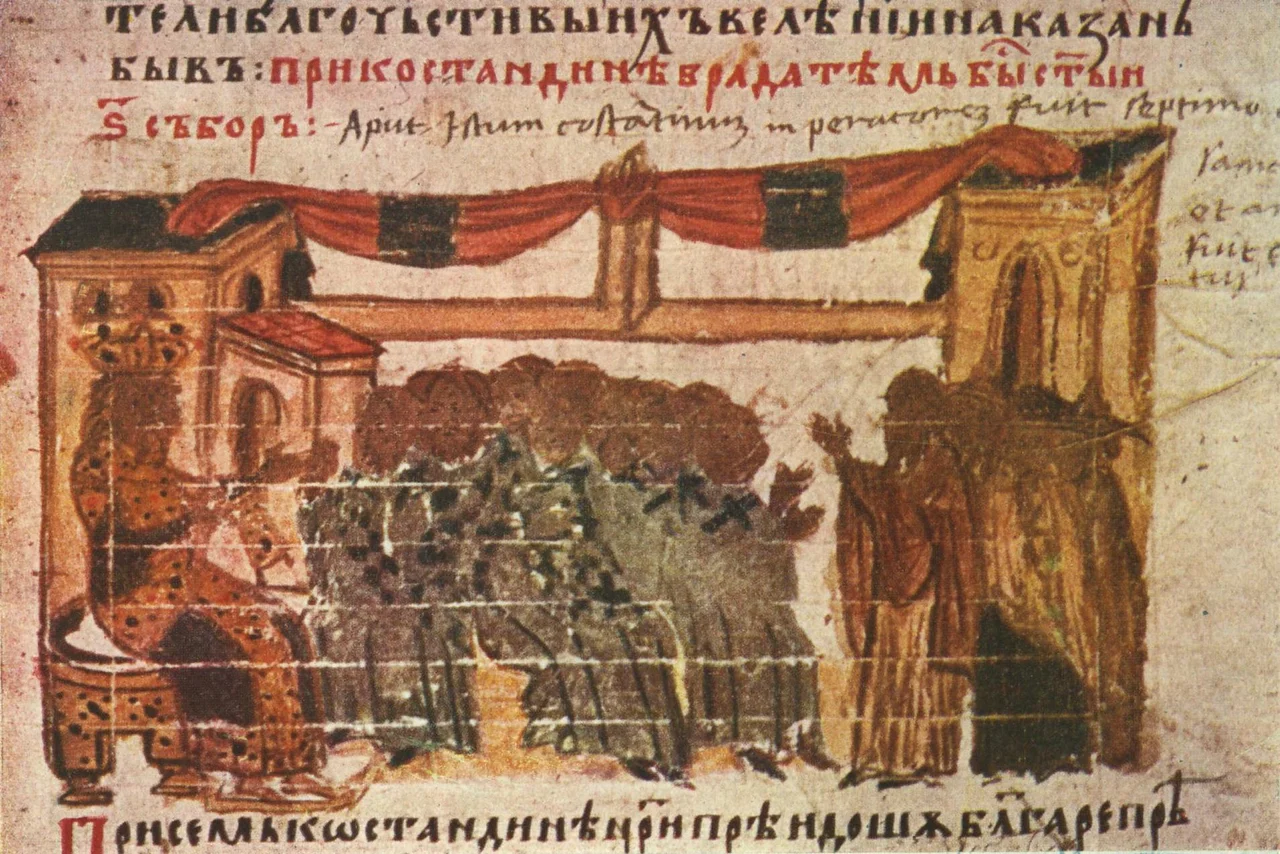 Miniature 45 from the Constantine Manasses Chronicle, 14 century: Sixth Ecumenical Council