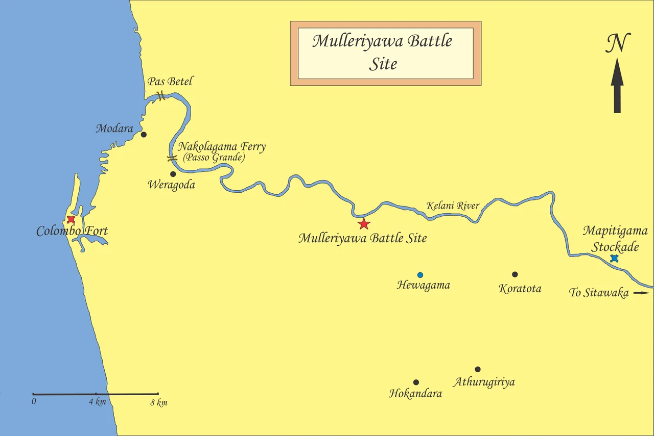 Shows the Mulleriyawa Battle site in relation to the Kelani River, with other important land marks.