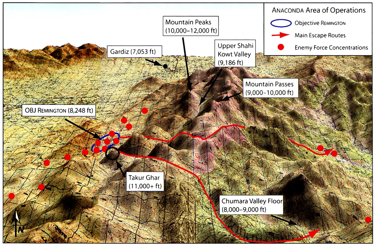 Strategic map for U.S. Army operation Anaconda. The area outlined in blue is the Shahi Kowt Valley, about one hundred miles south of Kabul, Afghanistan, near the Pakistani border.