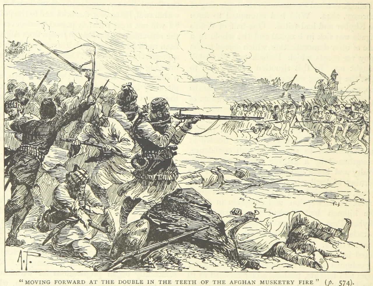 British troops (right) charge the Afghan line (left) at the 1842 Battle of Jellalabad