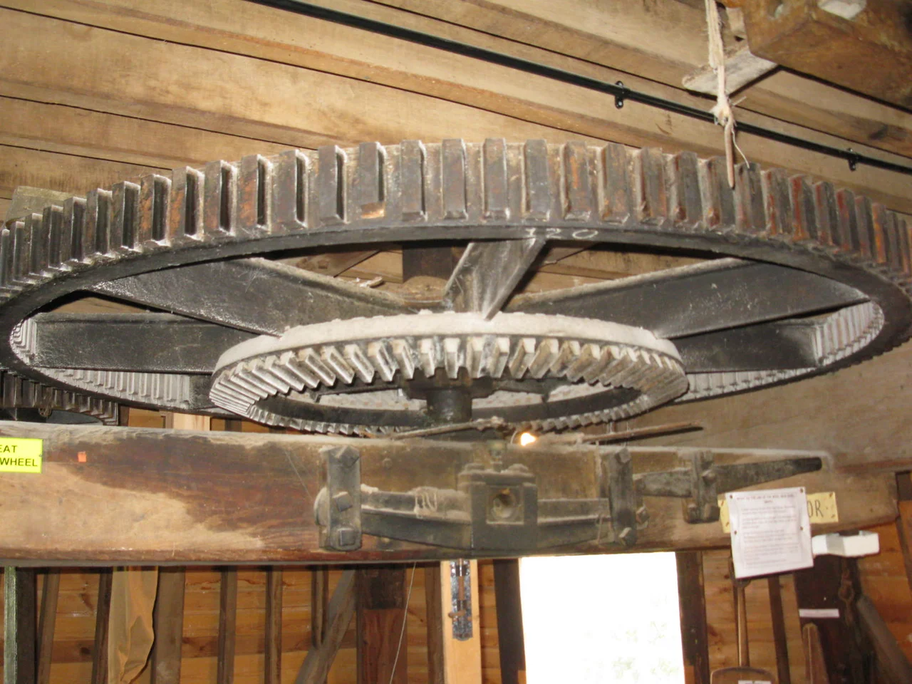 The great spur wheel, Union Mill, Cranbrook. Cast iron with wooden cogs. Note the crown wheel below. This was used to drive auxiliary machinery.