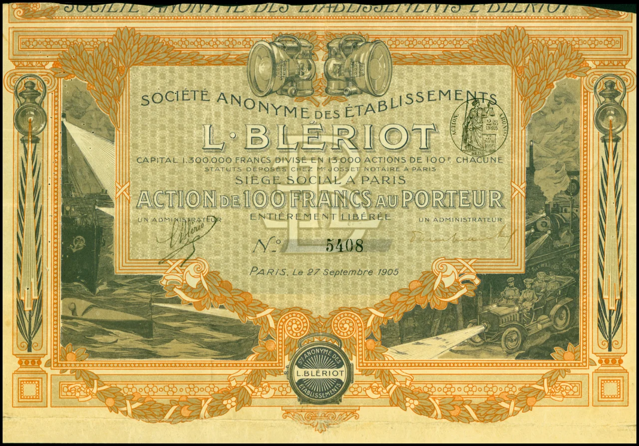 Share of the Etablissements L. Blériot, issued 27. September 1905